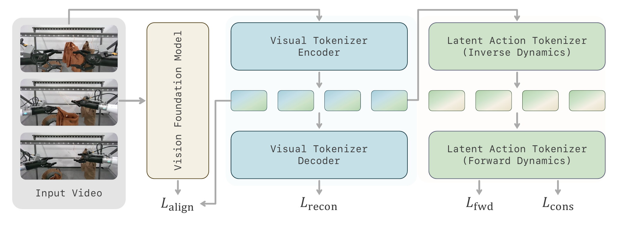 语义视觉动作 tokenizer，包括输入视频、视觉基础模型对齐、视觉编码解码、逆动力学、前向动力学及四项训练损失